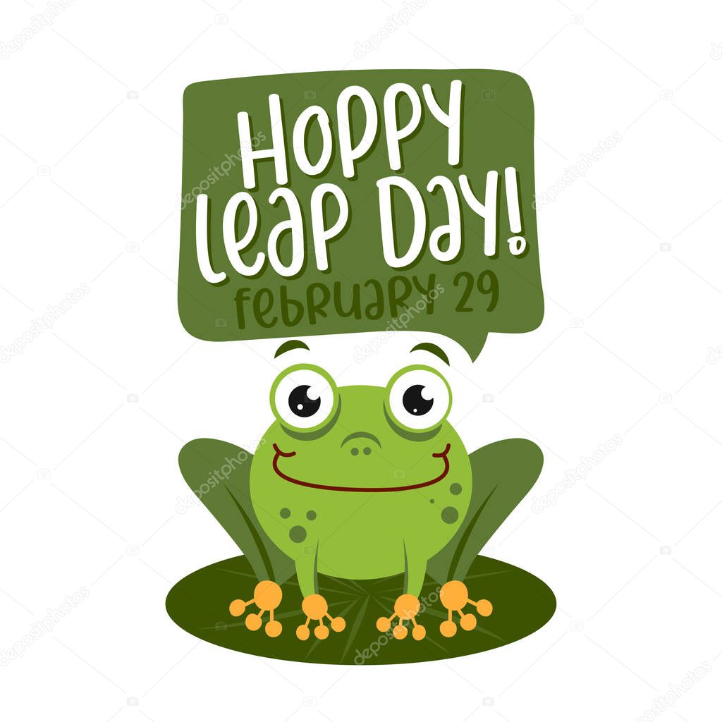 Hoppy leap day - leap year 29 February calendar page with cute frog. Background Leap day leap year 29 February calendar and froggy illustration vector graphic.