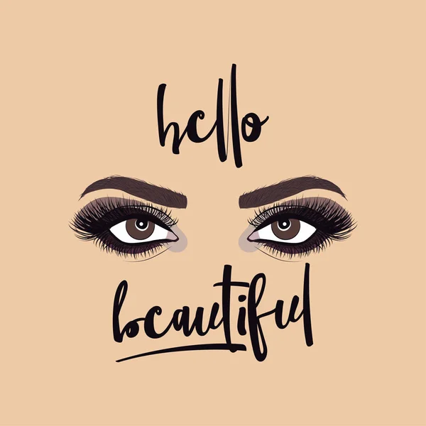 Hello Beautiful Hermosa Ilustración Maquillaje Con Ojos Pestañas Cejas Mujer — Archivo Imágenes Vectoriales