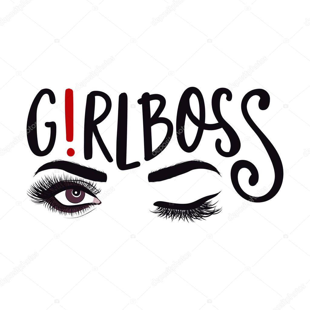 Girl Boss text with wink eyes. Brush calligraphy isolated on white background. Feminism slogan with hand drawn lettering. Print for poster, card.