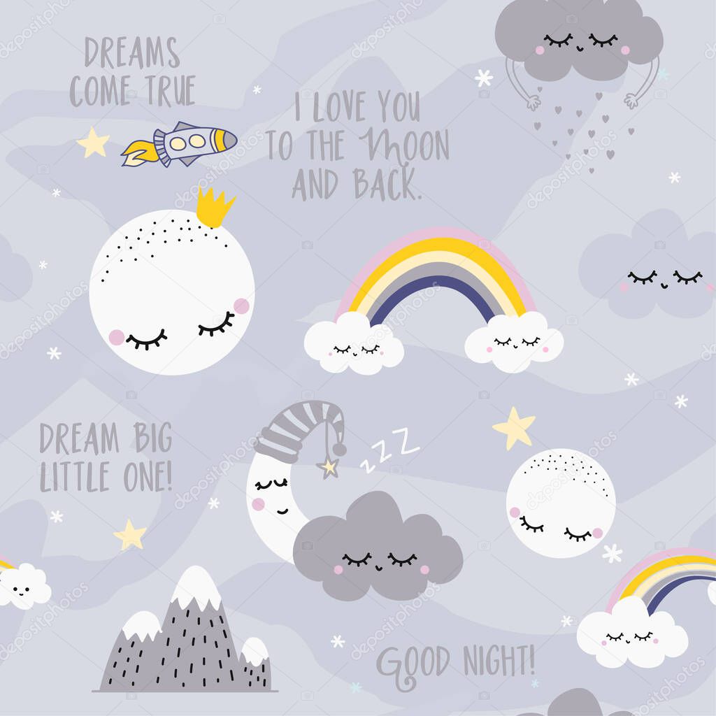Clouds Sky Night Scene Pattern Design For Kids Nursery Funny Hand Drawn Doodle Seamless Pattern Moon Full Moon Stars Princess Rainbow Clouds Rain Mountain Spaceship Drream Big Little One Premium