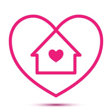 Ev aşkı kalp logosu, iş yeri logosu. El yapımı harfler. Kalpli, çatılı ve bacalı vektör çizimi. Dışarıda kalp şeklinde basit bir ev ikonu var. Ev çizgisi sanat şekli.