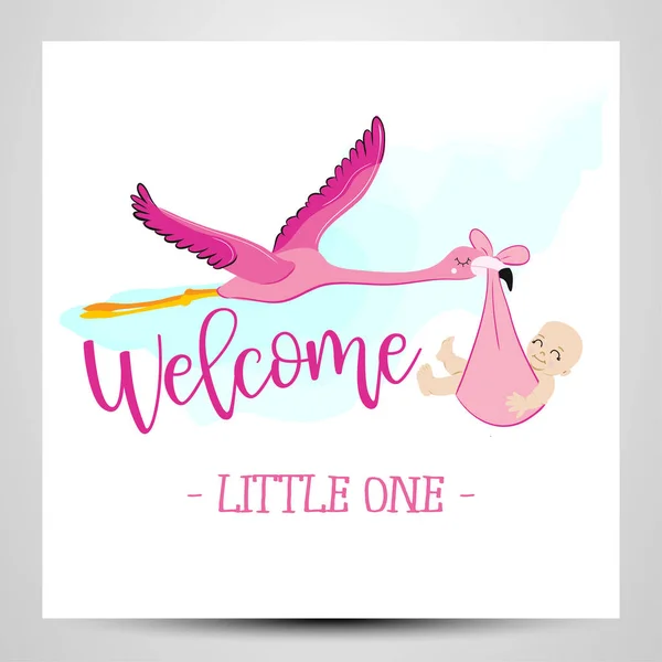 Bem Vindo Pequena Ilustração Baby Shower Com Cegonha Flamingo Ilustração — Vetor de Stock