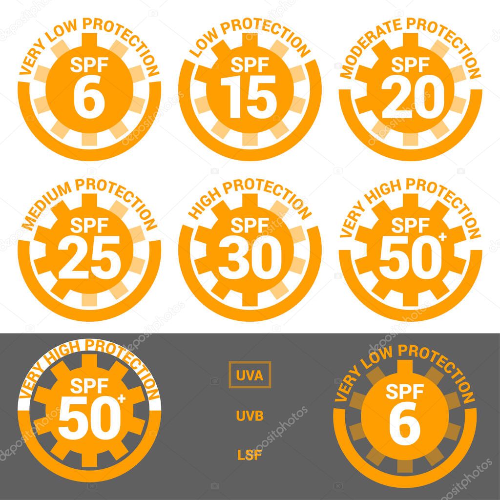 SPF 6 15 20 25 30 50 sun protection, UVA, UVB and LSF vector icons. Low / moderate, medium, high, very high sunblock, skin UV protection lotion and cream package label.