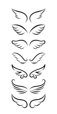 Güzel melek kanatları seti - güzel dövme çizimi. Serbest tasarım, mürekkep, logo, element ya da tebrik kartı. Modern vektör sanatı. Sembol kümesi.