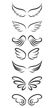 Güzel melek kanatları seti - güzel dövme çizimi. Serbest tasarım, mürekkep, logo, element ya da tebrik kartı. Modern vektör sanatı. Sembol kümesi.