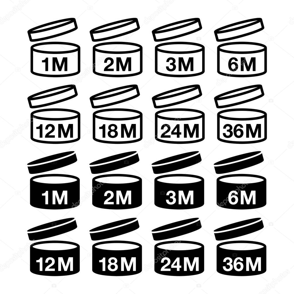 Expiration date after product opening symbols. Shelf life sign for label of product. Months period. Pao vector icons of cosmetic open month life shelf, expiration period months PAO symbols set