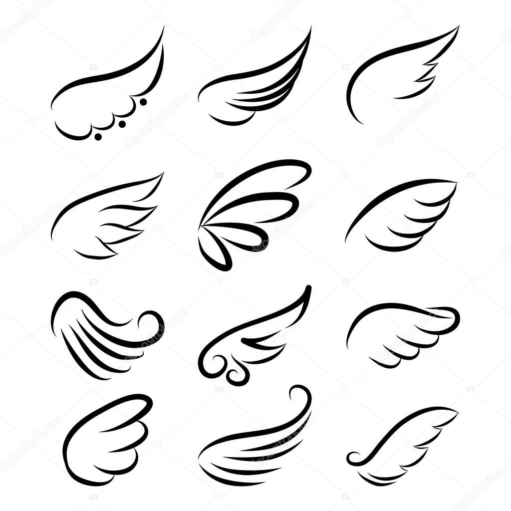 Lovely angel wings set - beautiful tattoo drawing. freehand design, ink, logo, elementris or greeting card. Modern vector art. Symbol set.
