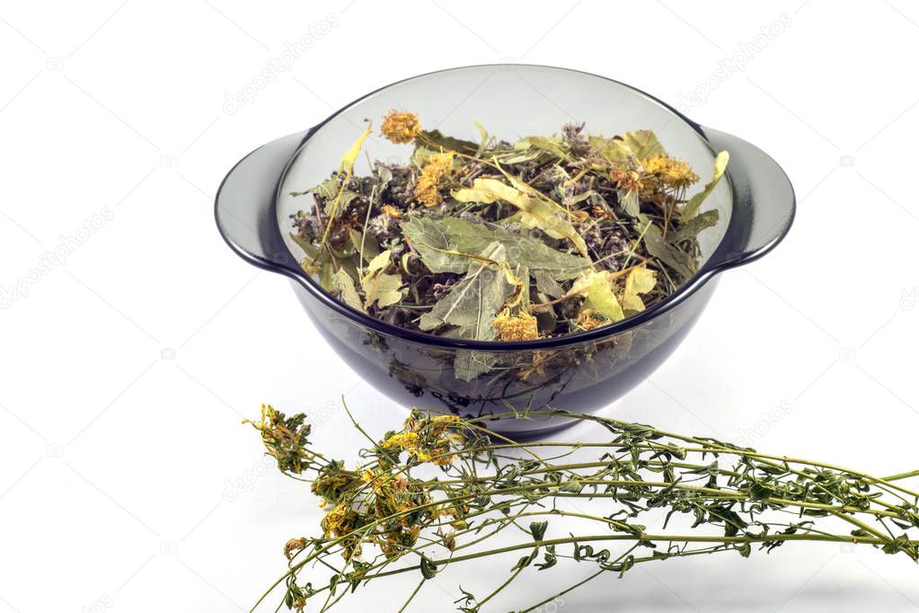 Mix of dried medicinal herbs in a black transparent plate on a white background