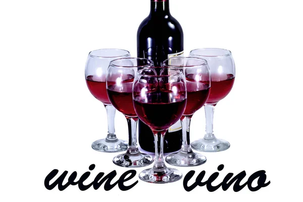 Bottle Glasses Red Wine White Background Text English Spanish — 스톡 사진