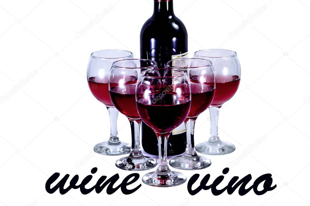 Bottle and glasses with red wine on a white background. Text in English and Spanish.