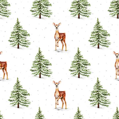 Sika geyiği ve ladin ağaçlarıyla Noel deseni. Kış Ormanı Süsü.