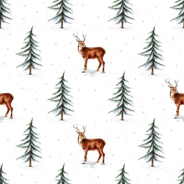 Geyik ve çam ağaçlarıyla kusursuz bir Noel deseni. Kış ormanı geçmişi