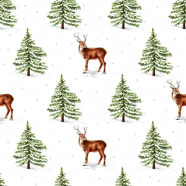 Seamless Christmas Pattern Reindeer Spruce Trees Snow Forest Winter Ornament — Stock Photo, Image