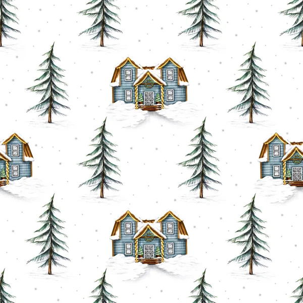 Natal Sem Costura Padrão Com Casa Inverno Pinheiros Floresta Inverno — Fotografia de Stock