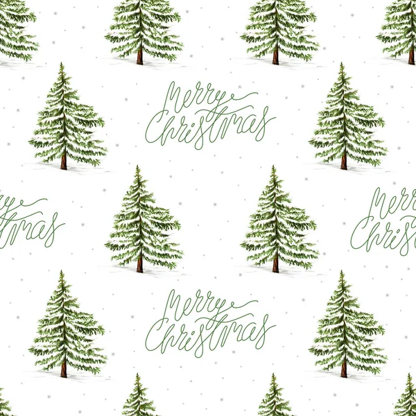 Seamless Christmas Pattern Spruce Tree Merry Christmas Lettering — Stock Photo, Image