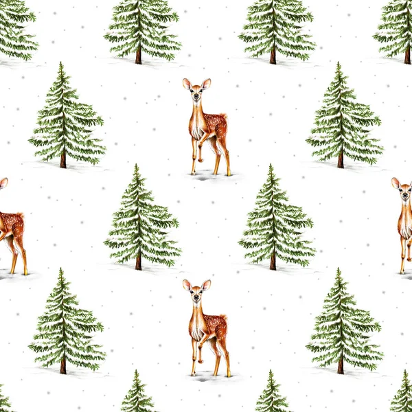 Motif Noël Avec Cerf Sika Épinettes Ornement Forêt Hiver — Photo