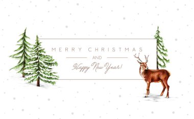 Kış Ormanı arka planında Ren Geyiği olan Noel tebrik kartı
