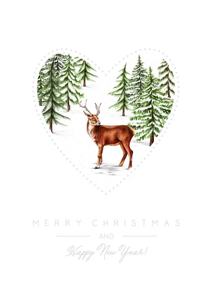 Cartão de felicitações de Natal com renas e fundo de floresta de inverno — Fotografia de Stock