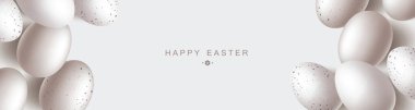 Minimalist Mutlu Paskalya Stili Doğal Beyaz Yumurta Dekorasyonu ve Tebrik Mesajı ile. Gerçekçi 3 boyutlu yumurtalarla tam bir Beyaz Paskalya Konsepti. Düz Yat. Üst Görünüm