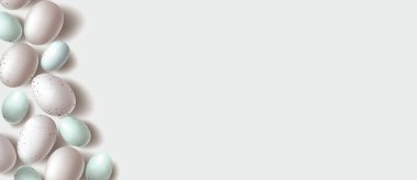 Mutlu Paskalya Dekorasyonu, Doğal kırsal bıldırcın yumurta kabuğu rengi üst görüşlü 3d yumurta vektör pankartı serin