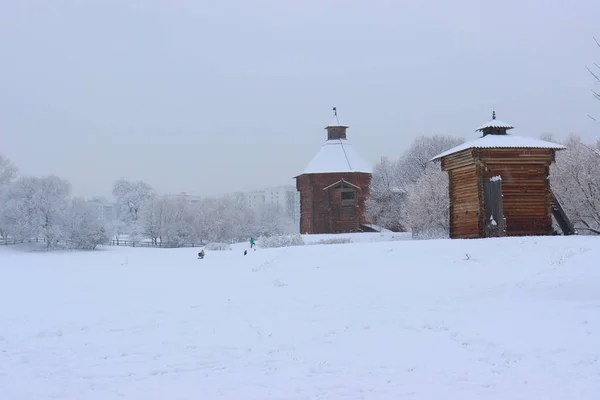 Kar yağışı sırasında Kolomenskoye 'deki ahşap mimari müzesi. Bratsk Kalesi 'nin kulesi ve Kolomenskoye' deki Nikolo-Korelsky manastırının kapıları, Moskova, Rusya