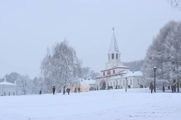Kar yağışı sırasında Kolomenskoye malikanesinin ön kapısı, Moskova, Rusya