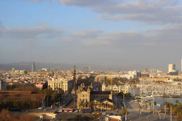 Över Kvällen Barcelona Från Linbanan Katalonien Spanien Antenn Utsikt — Stockfoto