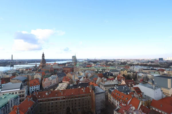 Vue Vieille Ville Riga Depuis Pont Observation Église Saint Pierre — Photo