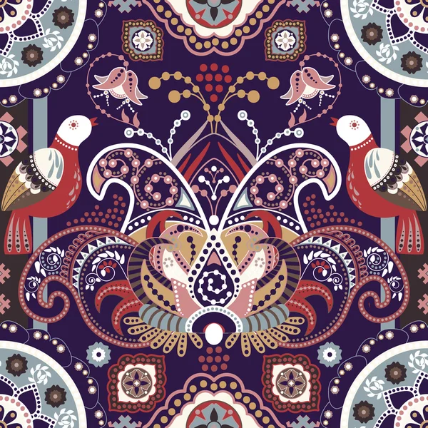 Patrón inconsútil colorido con aves decorativas y flores — Vector de stock