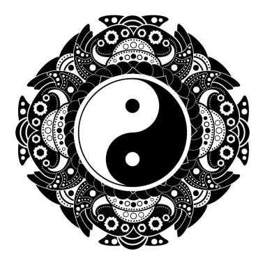 Siyah ve beyaz vektör kına dövme mandala. Yin yang dekoratif sembolü. Çin stili