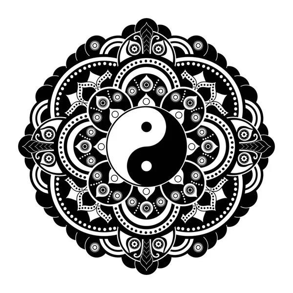 Mandala henné vecteur noir et blanc. Yin yang symbole décoratif. Style Chine — Image vectorielle