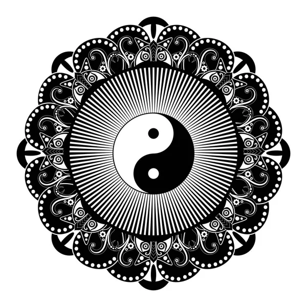 Mandala henné vecteur noir et blanc. Yin yang symbole décoratif. Style Chine — Image vectorielle