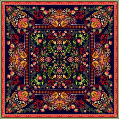 Tasarım kare cep, şal, tekstil için. Paisley çiçek desenli. Vektör arka plan