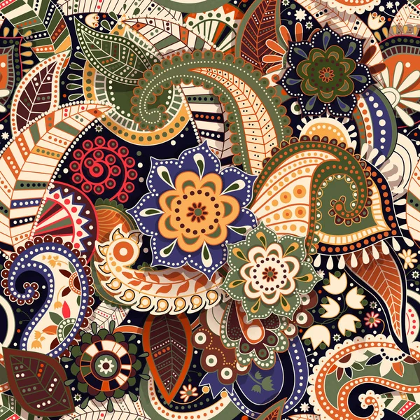 カラフルなペイズリーのシームレスなパターン。元の装飾的な背景。インドの壁紙 — ストックベクタ