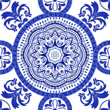 Beyaz ve mavi dekoratif desen. Hint dekoratif duvar kağıdı. Hint tarzı