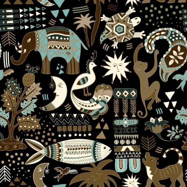 抽象的なシームレス パターン。カラフルな熱帯の背景。装飾的な動物や幾何学的な要素と手描きの背景 — ストックベクタ