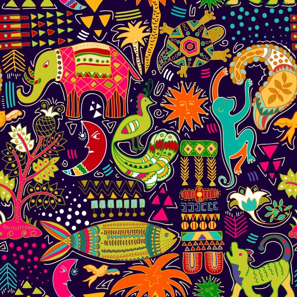 抽象的なシームレス パターン。カラフルな熱帯の背景。装飾的な動物や幾何学的な要素と手描きの背景 — ストックベクタ
