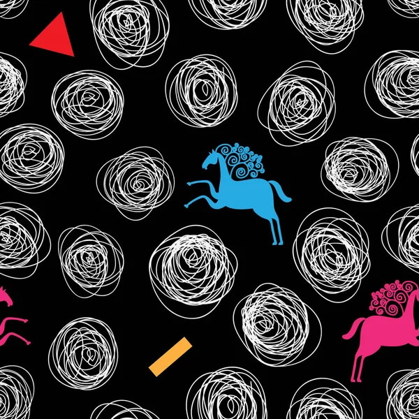 Design de vetor para tecido, têxtil, cartões, web. Padrão com linhas desenhadas à mão, geométricas e silhuetas de cavalos. Estilo de moda — Vetor de Stock