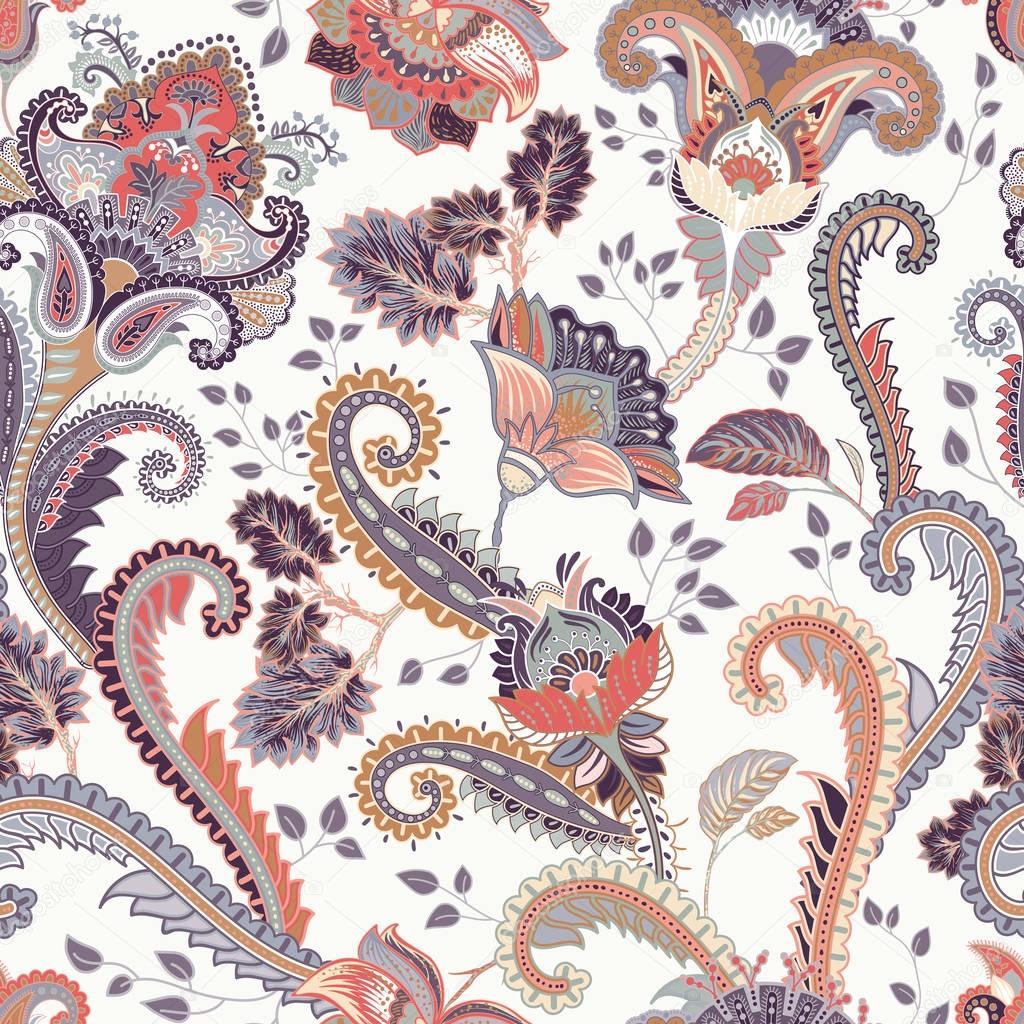 Paisley floral seamless pattern. Indian ornament. Vector decorative flowers and Paisley. Ethnic style. Design for fabrics, cards, web, decoupage