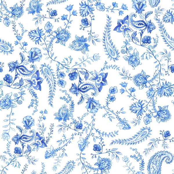 Papel de parede floral azul e branco. Padrão sem costura floral em estilo paisley. Fundo botânico decorativo. Fundo azul claro com plantas — Vetor de Stock