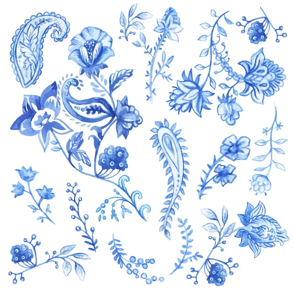 Синий и белый цветочные декоративные элементы. Векторная акварель — стоковый вектор
