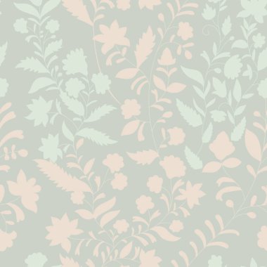 Çiçek vektör desen, üç renk. Tek renkli doğa desen. Kontur bitkiler. Seamless modeli. Dalları siluet, çiçekler, yapraklar