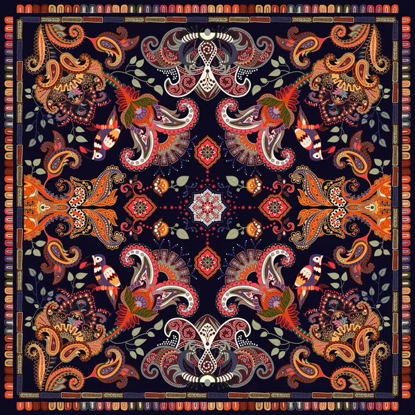 Design per scialle, carte, tessuti. Illustrazione colorata con uccelli decorativi e Paisley. Un movente indiano. Stile di moda . — Vettoriale Stock
