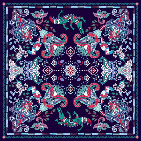 Ontwerp voor omslagdoek, card, textiel. Kleurrijke afbeelding met decoratieve vogels en Paisley. Indiase motief. Fashion stijl. — Stockvector