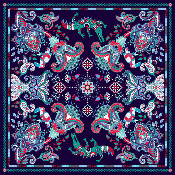 Design for shawl, card, textile. Colorful illustration with decorative birds and Paisley. Indian motive. Fashion style.