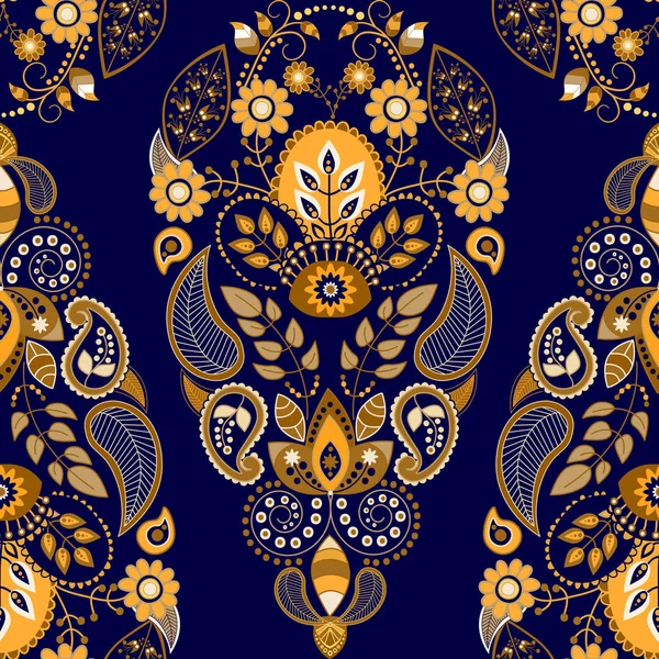 Patrón inconsútil floral dorado y azul, fondo de pantalla ornamental — Vector de stock