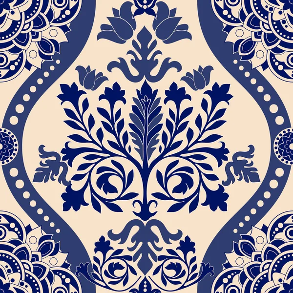 Blue and white seamless damask pattern — Stock Vector