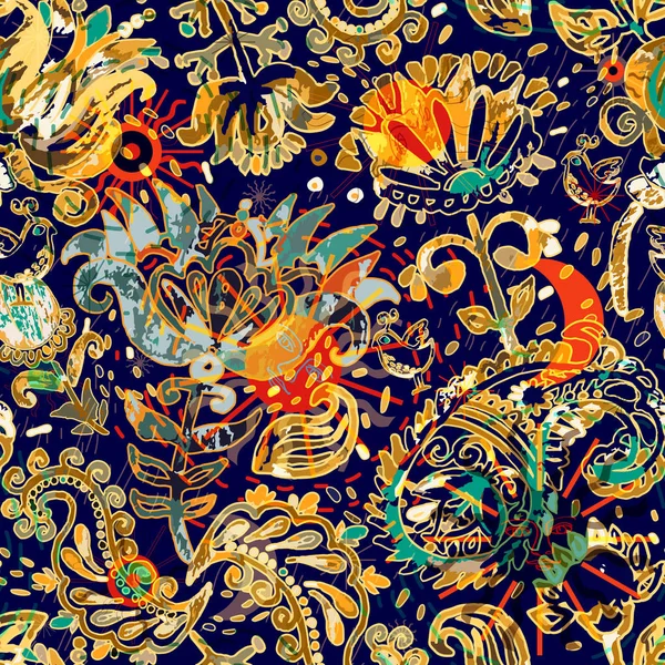 Patrón sin costura floral, efecto textura. Adorno indio. Flores decorativas vectoriales y Paisley. Estilo étnico. Diseño para telas, tarjetas, web, decoupage — Vector de stock