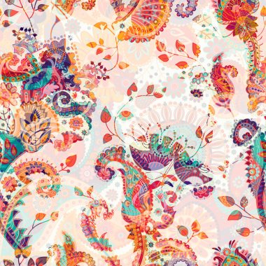Çiçek Dikişsiz desen, doku etkisi. Hint renkli süs. Vektör dekoratif çiçek ve Paisley. Etnik tarzı. Kumaşlar, Dekupaj kartları, web tasarım