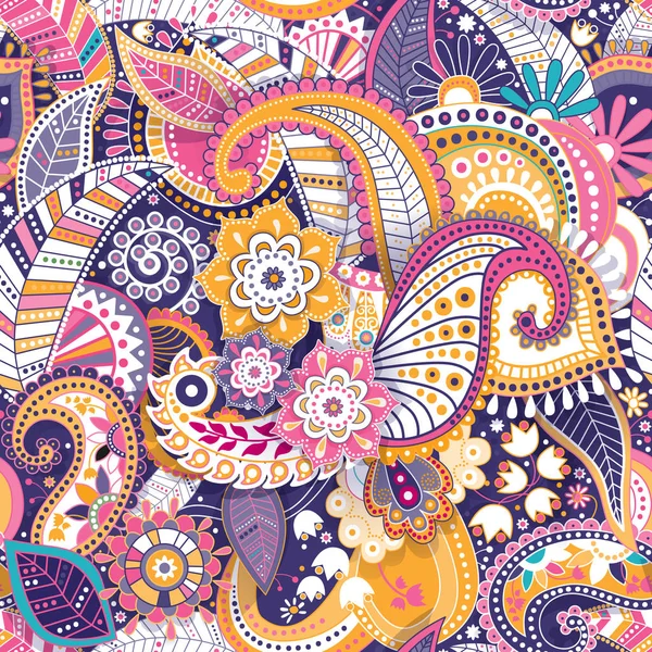 Fantasia floreale senza cuciture, effetto texture. Ornamento colorato indiano. Fiori decorativi vettoriali e Paisley. Stile etnico. Design per tessuti, carte, web, decoupage — Vettoriale Stock